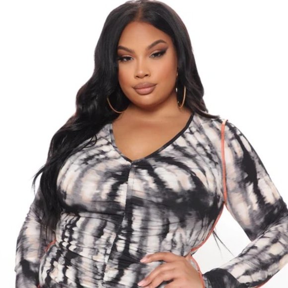 Reign Tie Dye - Black/Combo - Tie Dye Long Sleeve Mini V-Neck Dress- Ruched - Picture 1 of 4